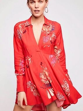 Free People Field Of Butterflies Printed Hi-Low Tunic Top SMALL